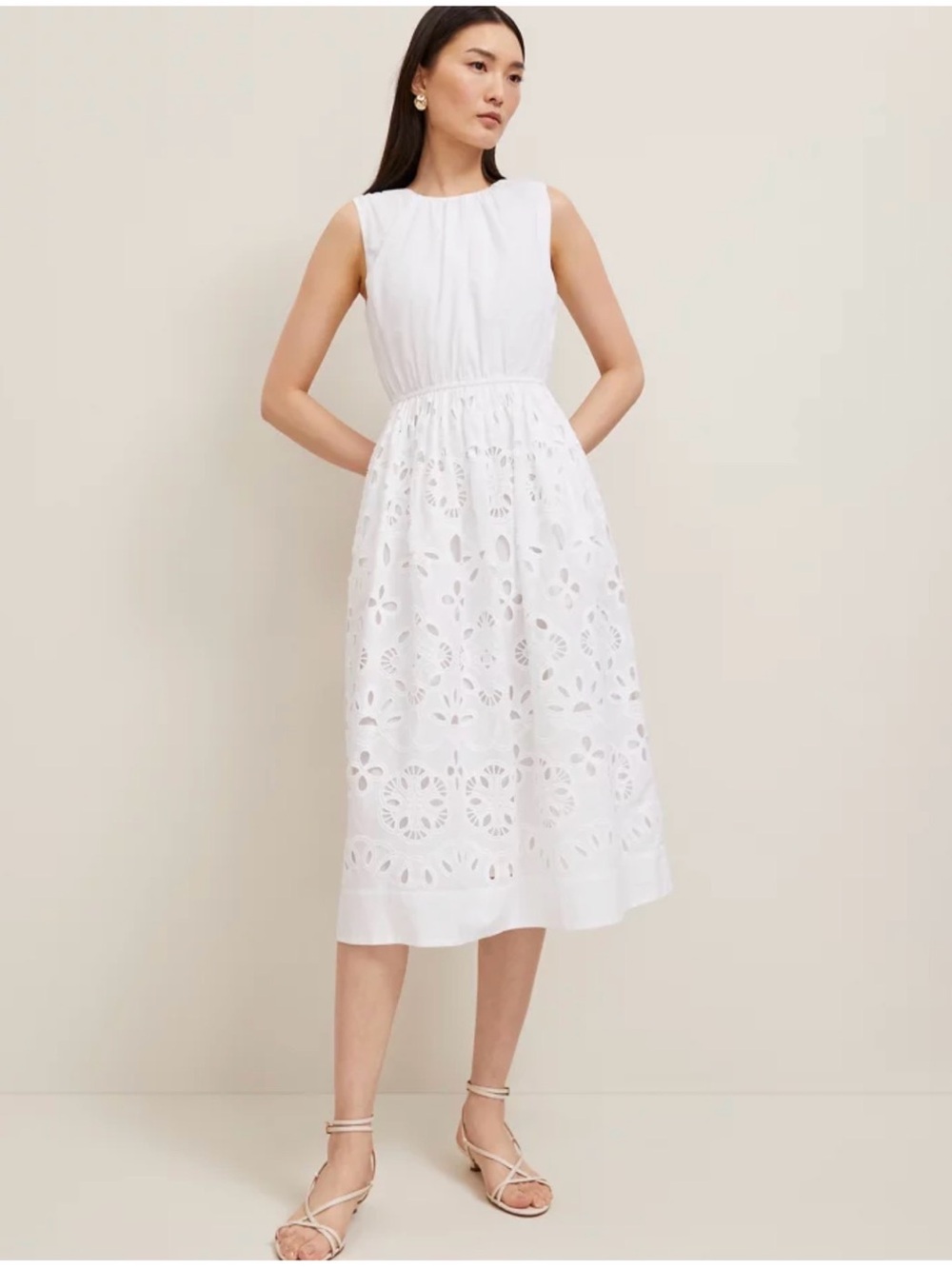 ANN TAYLOR Sleeveless White Eyelet Midi Dress Size 6